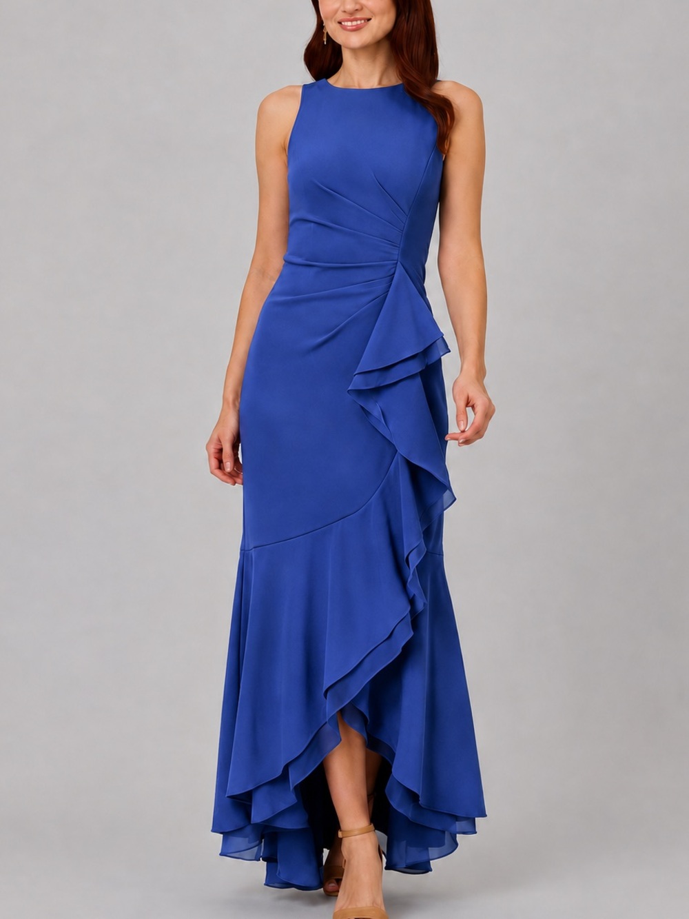 🆕🫐Adrianna Papell Navy Satin Ruffle Crepe Halter Gown Maxi Dress Size 8 Party